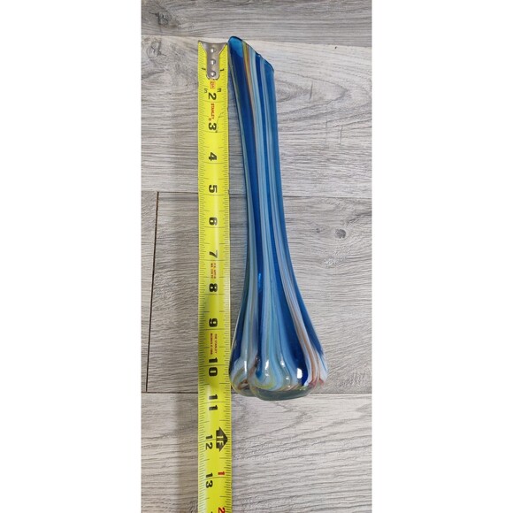 Vintage 10.5” Hand Made & Blown Blue Swirl Swung Stretch Glass Bud Vase Japan - Picture 9 of 10